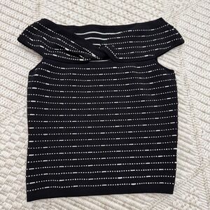Y2K Bebe Off The Shoulder Twist Front Striped Knit Top Black‎ White Small C17